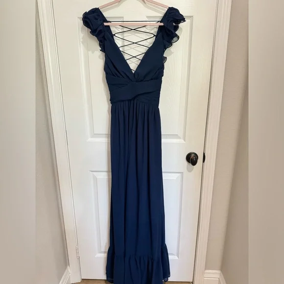Lulus Maxi Dress Navy Blue Ruffled Lace-Up Soiree Celebration Formal Dress NWOT - Picture 4 of 10